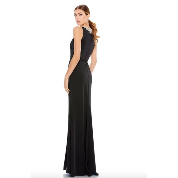 MAC DUGGAL Sleeveless Rhinestone Collar Column Black Maxi Dress Size 0 - Picture 2 of 6